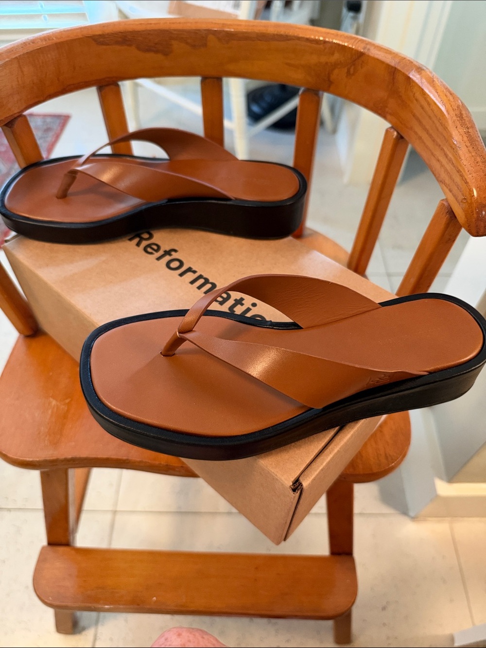 Reformation Women’s Tan Brown Leather Flip-Flops with Black Sole
